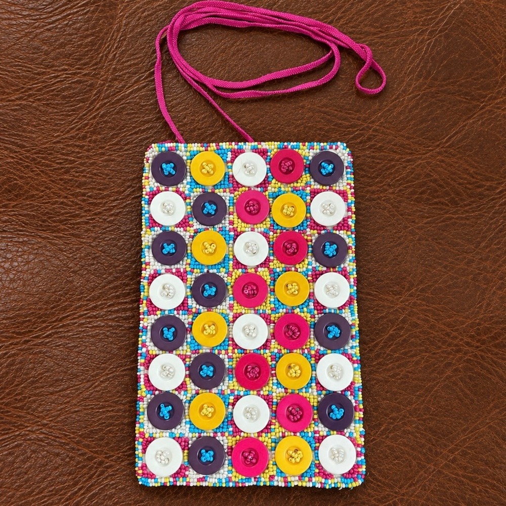 Handmade Beaded Button Crossbody Pouch Bag Pink Multi Color Small Phone Purse